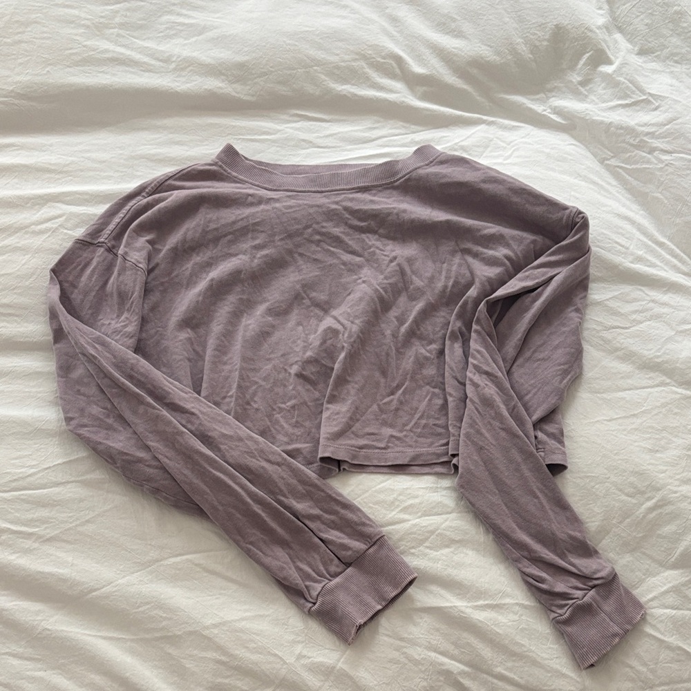 Zara Cropped Long-Sleeve Crewneck Top in Mauve